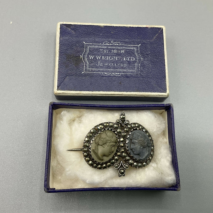 19th Century Silver Lava Cameo and marcasite brooch