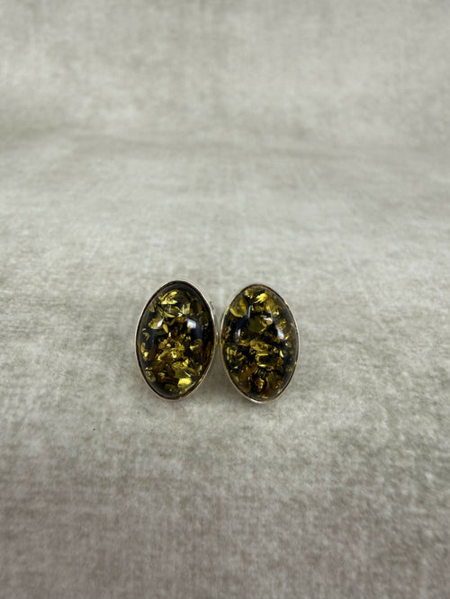 925 Silver Green Amber Oval Stud Earrings