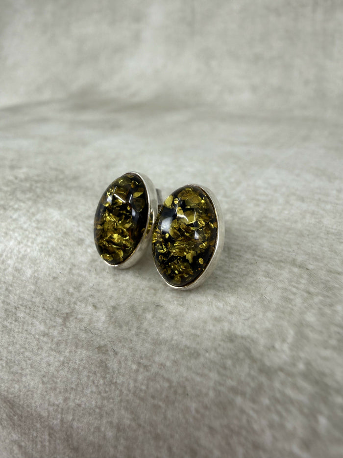 925 Silver Green Amber Oval Stud Earrings