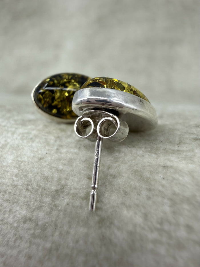 925 Silver Green Amber Oval Stud Earrings