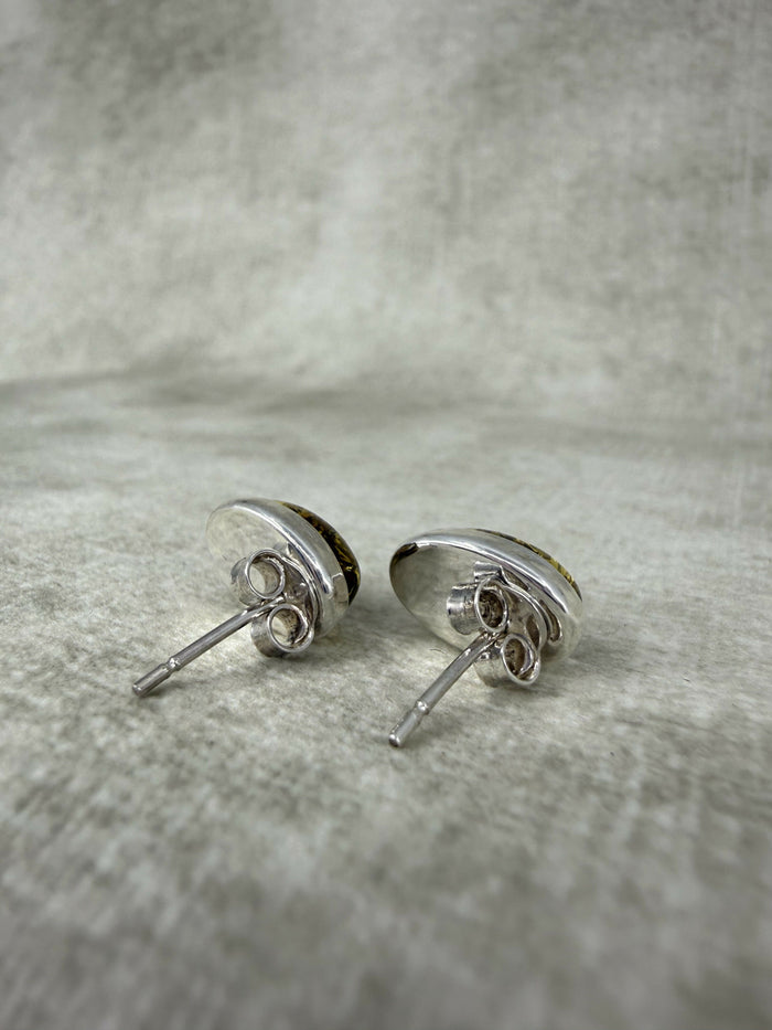 925 Silver Green Amber Oval Stud Earrings
