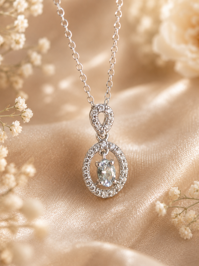 925 Silver Green Amethyst Halo Pendant Necklace