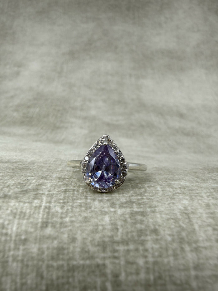 925 Silver Lavender CZ Pear Cut Halo Ring
