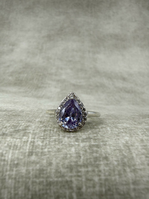 925 Silver Lavender CZ Pear Cut Halo Ring