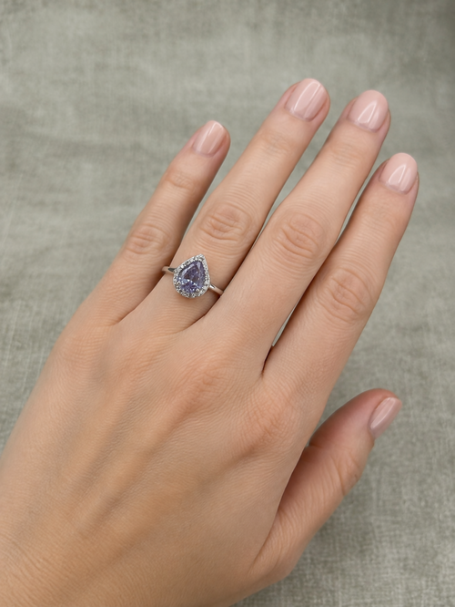 925 Silver Lavender CZ Pear Cut Halo Ring