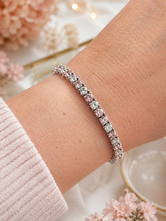925 Silver Pink & White Cubic Zirconia Tennis Bracelet