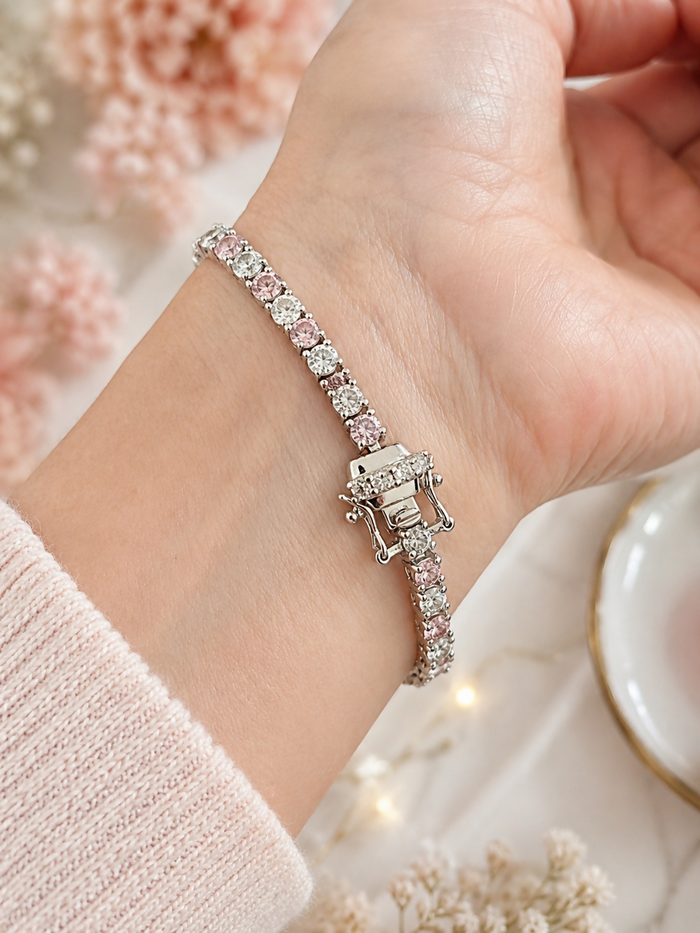 925 Silver Pink & White Cubic Zirconia Tennis Bracelet