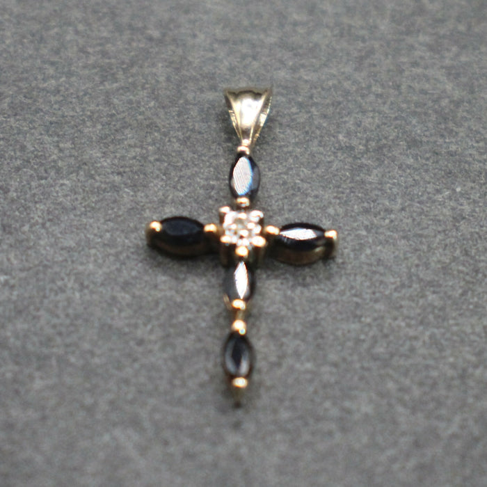 9ct gold blue spinel and diamond cross pendant