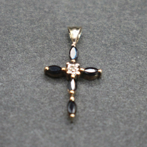 9ct gold blue spinel and diamond cross pendant
