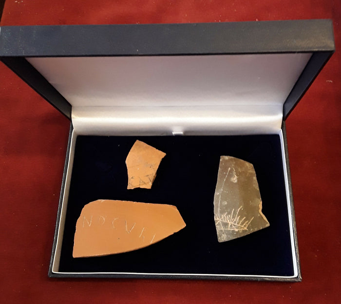 A Group Of Three Roman Pottery Sherds With Hand Inscribed Graffiti To The Surface.