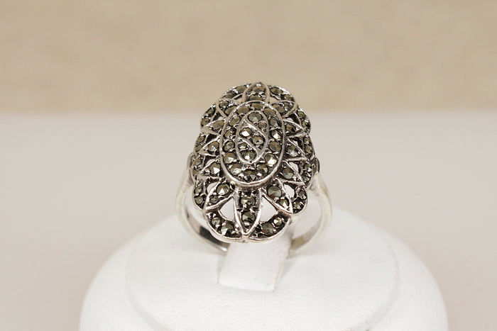 Art Deco Sterling Silver & Marcasite Statement Ring – Stamped SILVER