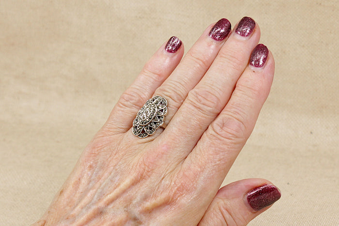 Art Deco Sterling Silver & Marcasite Statement Ring – Stamped SILVER