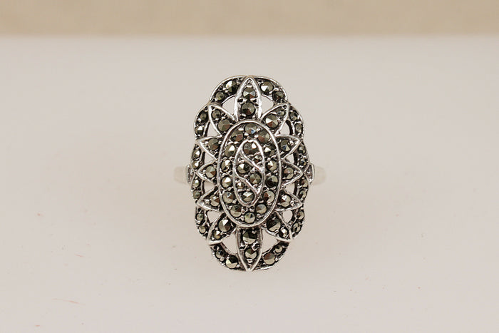 Art Deco Sterling Silver & Marcasite Statement Ring – Stamped SILVER