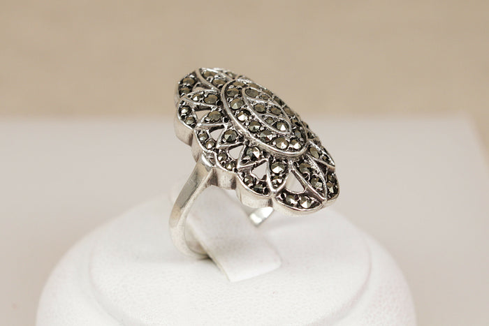Art Deco Sterling Silver & Marcasite Statement Ring – Stamped SILVER