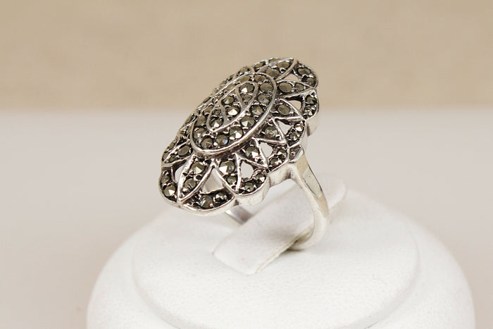 Art Deco Sterling Silver & Marcasite Statement Ring – Stamped SILVER