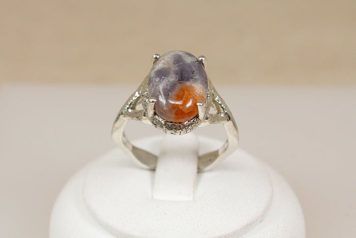 Bold Sterling Silver & Orange-Grey Agate Brutalist Style Statement Ring