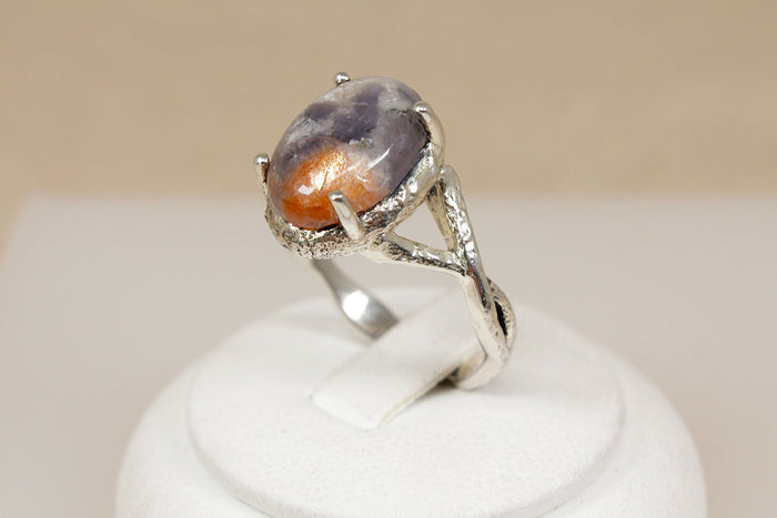 Bold Sterling Silver & Orange-Grey Agate Brutalist Style Statement Ring