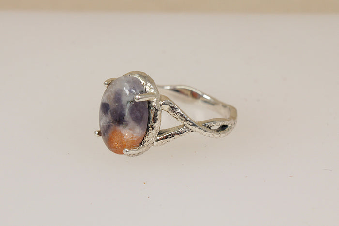 Bold Sterling Silver & Orange-Grey Agate Brutalist Style Statement Ring