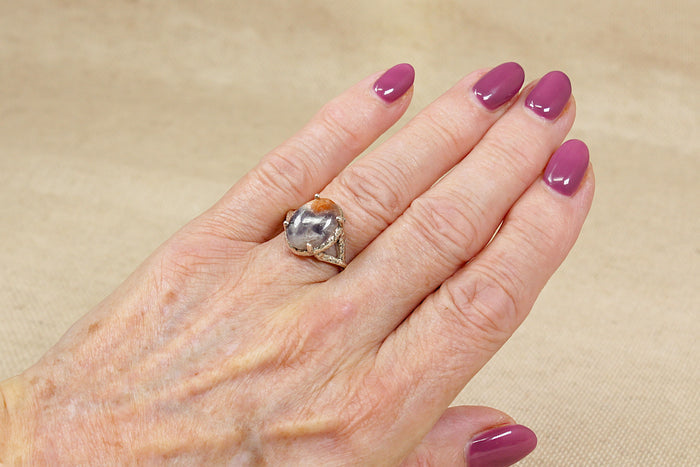 Bold Sterling Silver & Orange-Grey Agate Brutalist Style Statement Ring