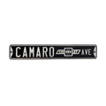 Embossed tin street sign in black with "CAMARO CHEVROLET AVE" lettering, perfect for muscle car enthusiasts' decor.