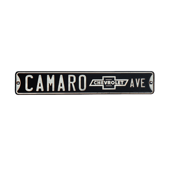 Embossed tin street sign in black with "CAMARO CHEVROLET AVE" lettering, perfect for muscle car enthusiasts' decor.