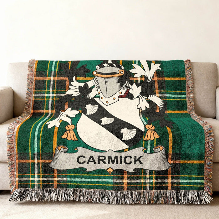Carmick crest woven into an Irish National Tartan cotton throw.