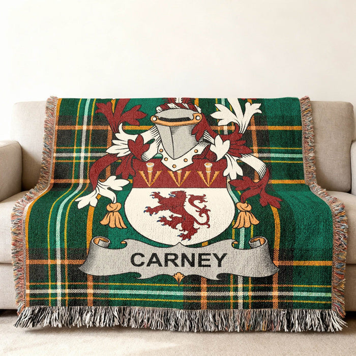 Carney crest woven into an Irish National Tartan cotton throw.