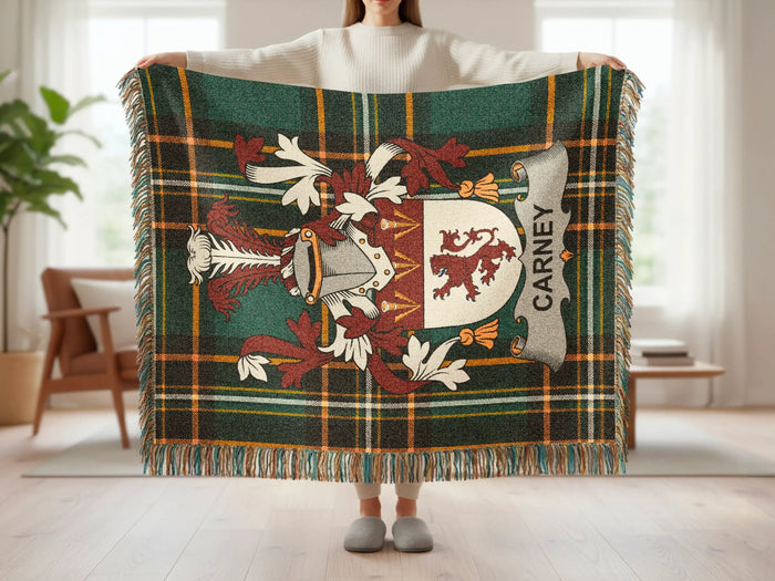Feature panel for the Carney cotton woven blanket with fringe.