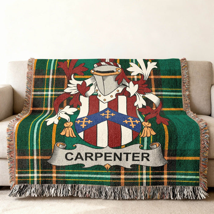 Carpenter crest woven into an Irish National Tartan cotton throw.