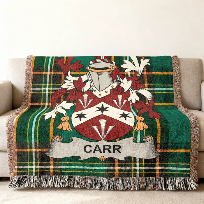 Carr crest woven into an Irish National Tartan cotton throw.