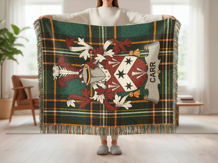 Feature panel for the Carr cotton woven blanket with fringed edges.