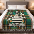 Carrell family crest woven blanket spread over a bed.