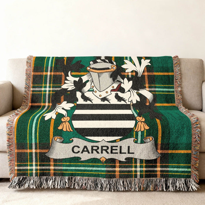 Carrell crest woven through an Irish National Tartan cotton throw.