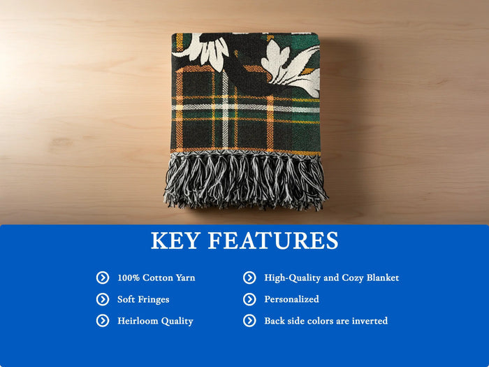Carrell woven blanket opened flat to show the tartan pattern.