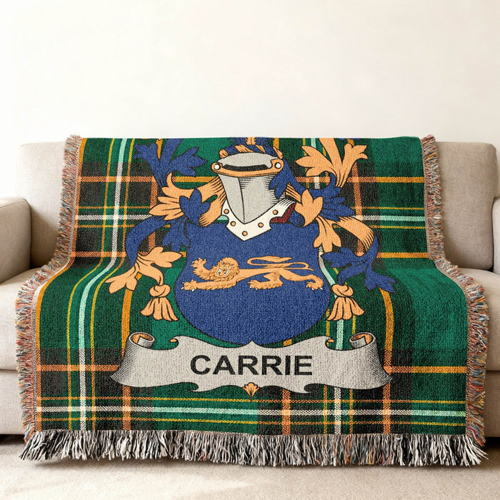 Carrie crest woven into an Irish National Tartan cotton cloth.