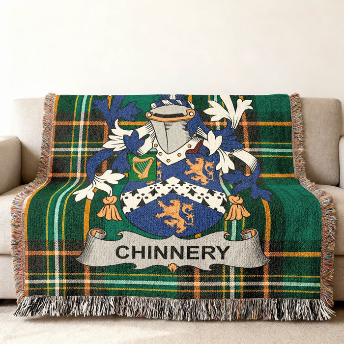 Chinnery crest woven into an Irish National Tartan cotton throw.