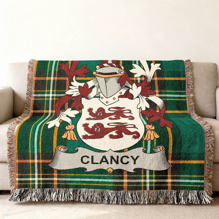 Clancy crest woven into an Irish National Tartan cotton throw.
