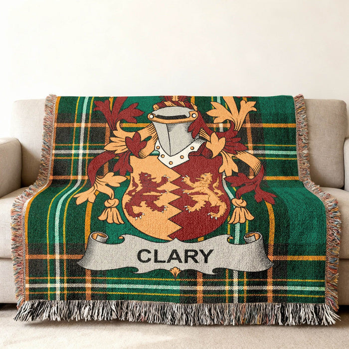 Clary crest woven into an Irish National Tartan cotton throw.