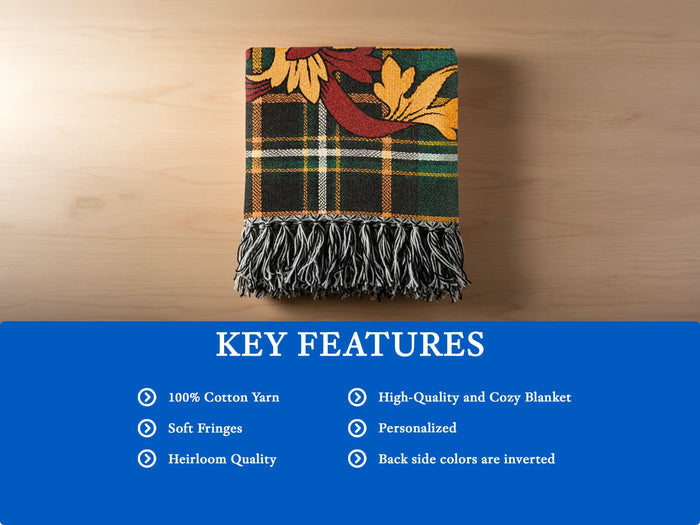 Clary woven blanket unfolded to show the full tartan pattern.