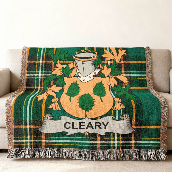Cleary crest woven into an Irish National Tartan cotton throw.