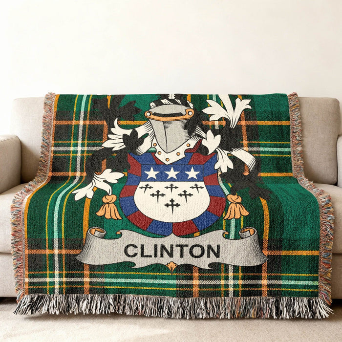 Clinton crest woven into an Irish National Tartan cotton throw.