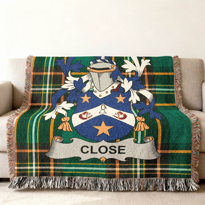 Close crest woven into an Irish National Tartan cotton throw.
