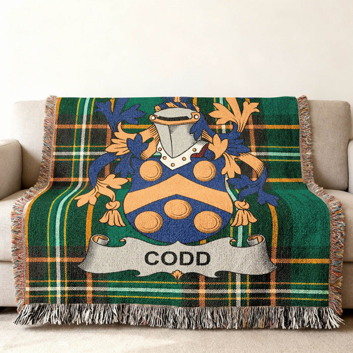 Codd crest woven into an Irish National Tartan cotton throw.