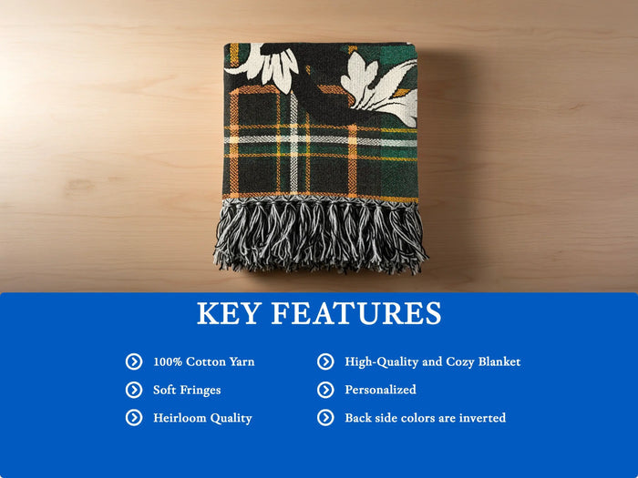 Full Codden 100% cotton woven blanket with fringed edges and Irish National Tartan surname emblem