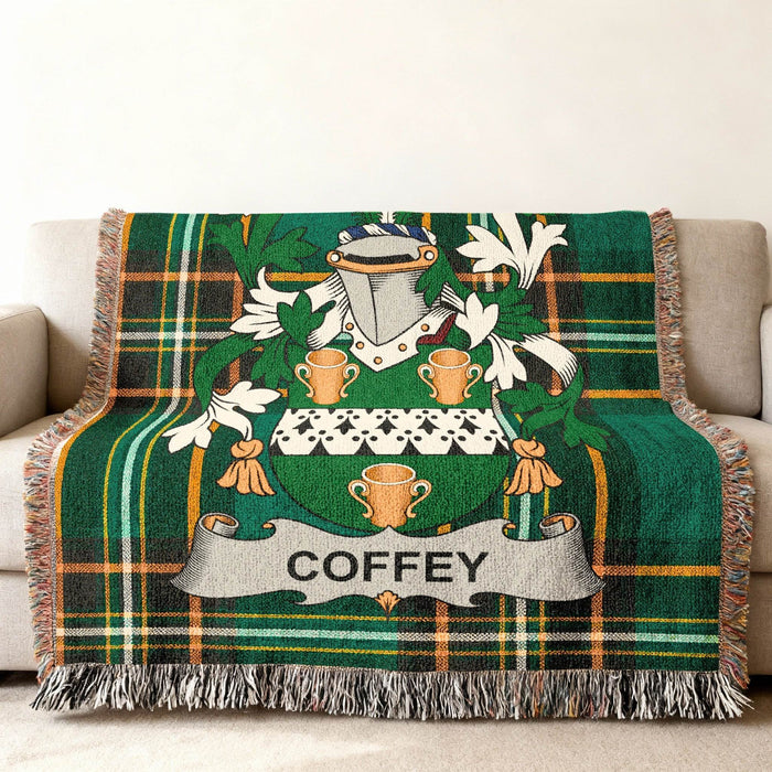 Coffey crest woven into an Irish National Tartan cotton throw.