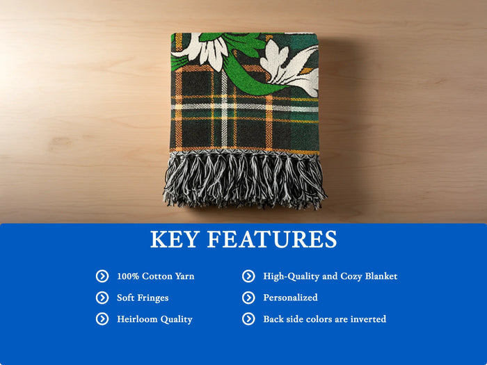 Coffey woven blanket opened to show the full tartan design.