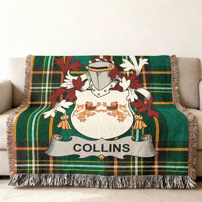Collins emblem woven into an Irish National Tartan cotton throw.