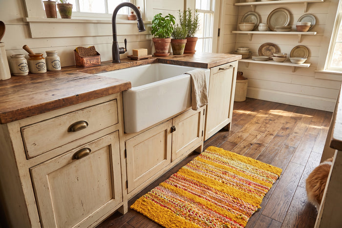 Colorful Boho Farmhouse Kitchen Rug | Twined Rag Recycled Rug | Eco Friendly Scrap Fabric Rag Rug | Washable Cottagecore Area Rug