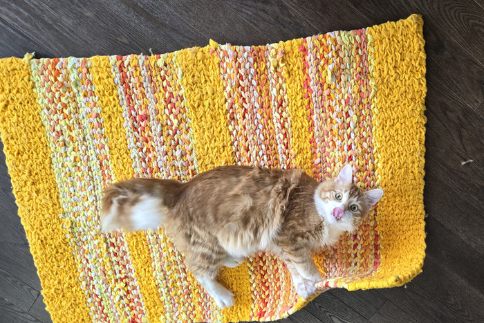 Colorful Boho Farmhouse Kitchen Rug | Twined Rag Recycled Rug | Eco Friendly Scrap Fabric Rag Rug | Washable Cottagecore Area Rug