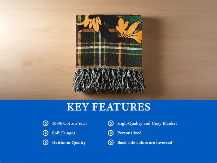 Cooke woven blanket opened to show the full tartan design.